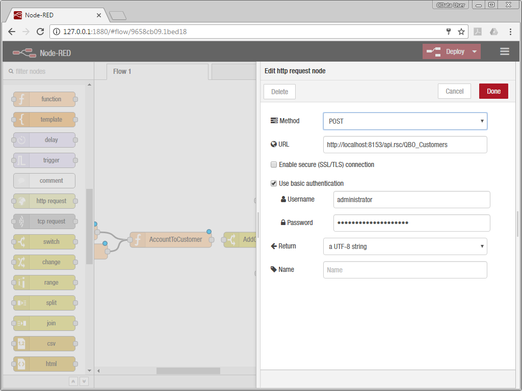 Configure the http request Node to Add a Customer