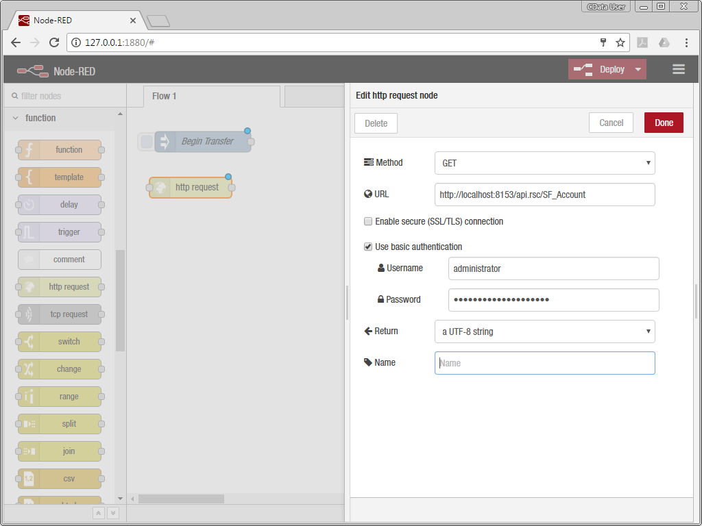 Configure the http request Node to GET Salesforce Account Data