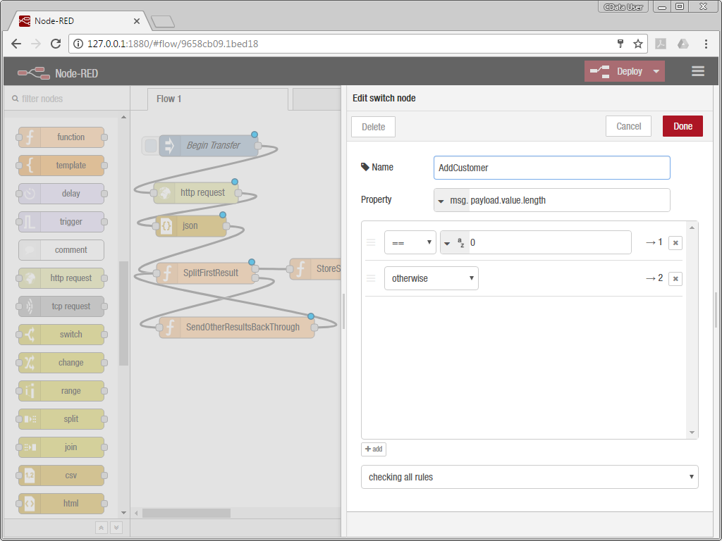 Configuring the switch Node to Determine Whether a QuickBooks Customer Exists or Not