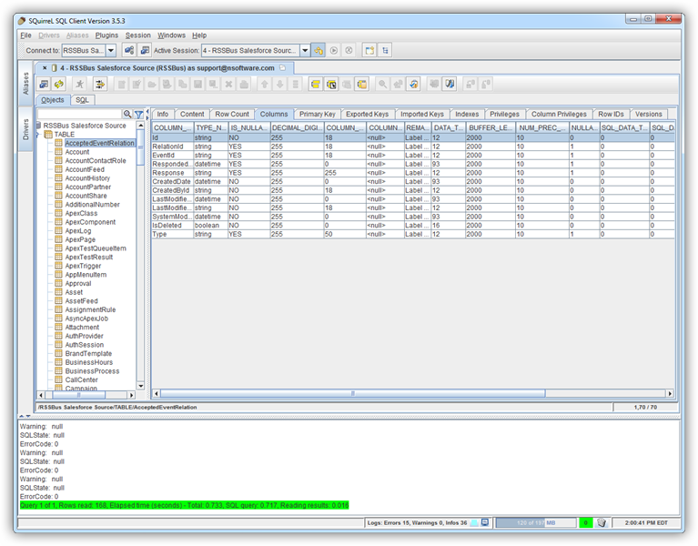 Column metadata for a table.(Salesforce is shown.)