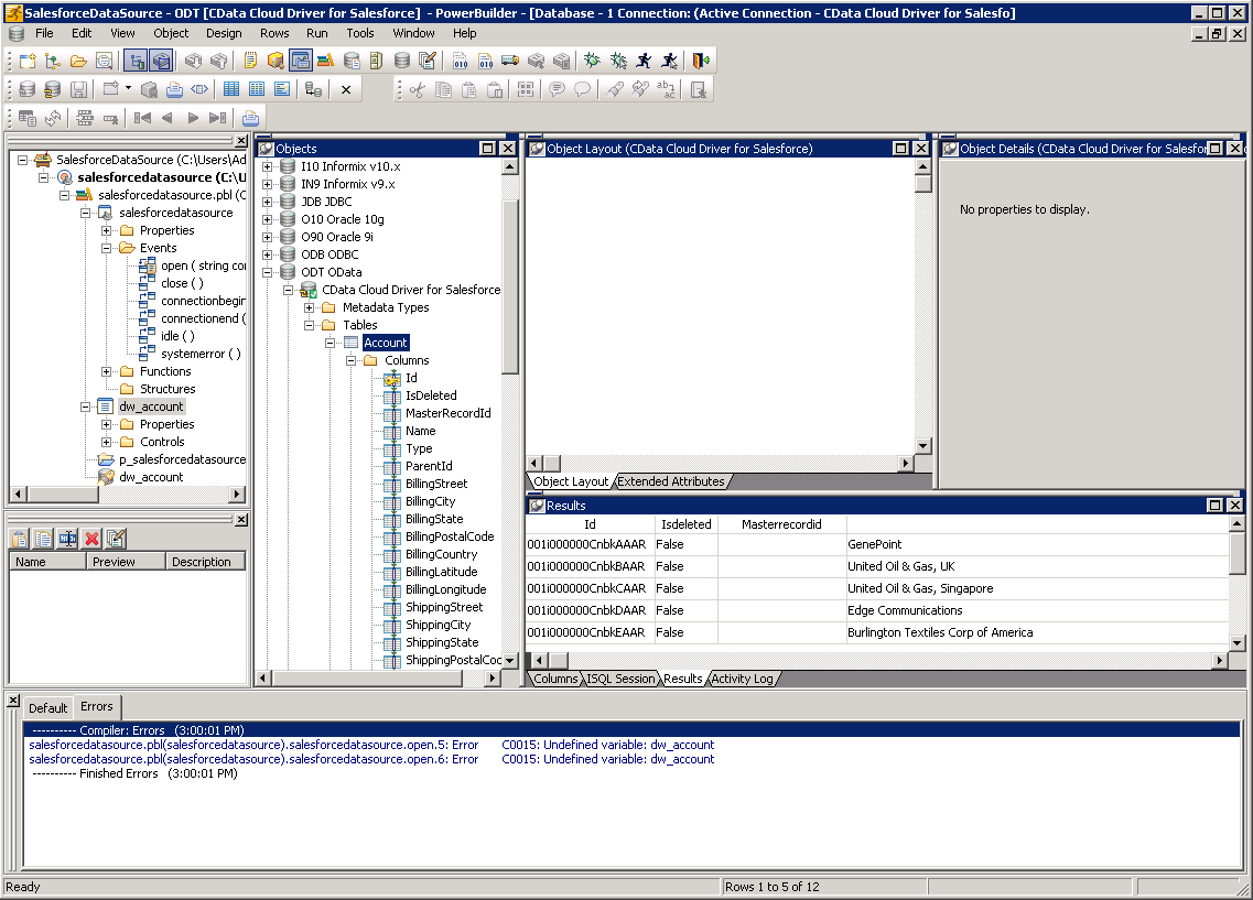 Modify database objects in the Database Painter. (Salesforce is shown.)