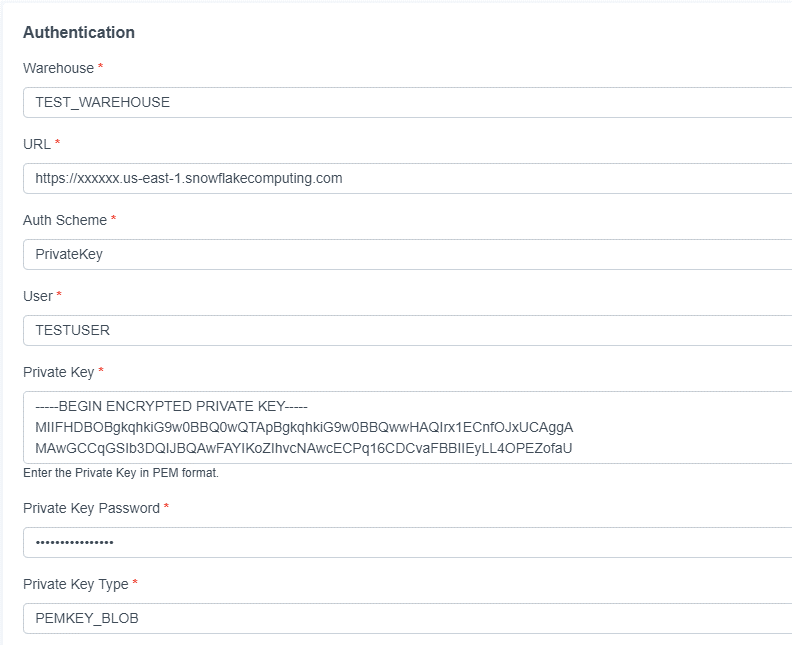 Key-pair authentication in CData Connect Cloud using the BLOB.