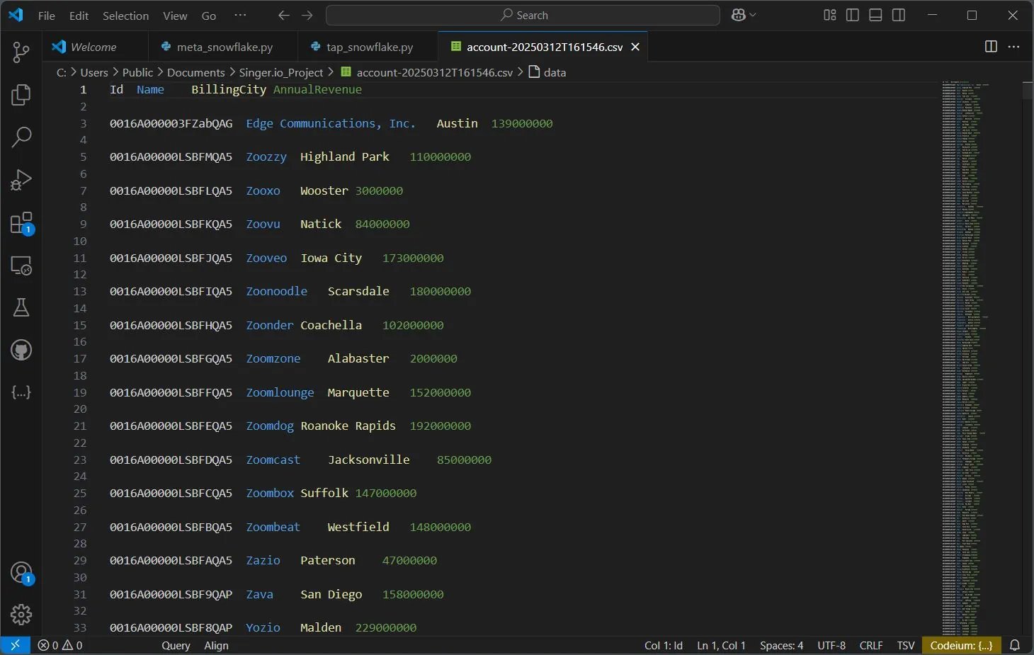 Singer Snowflake Tap Output CSV File