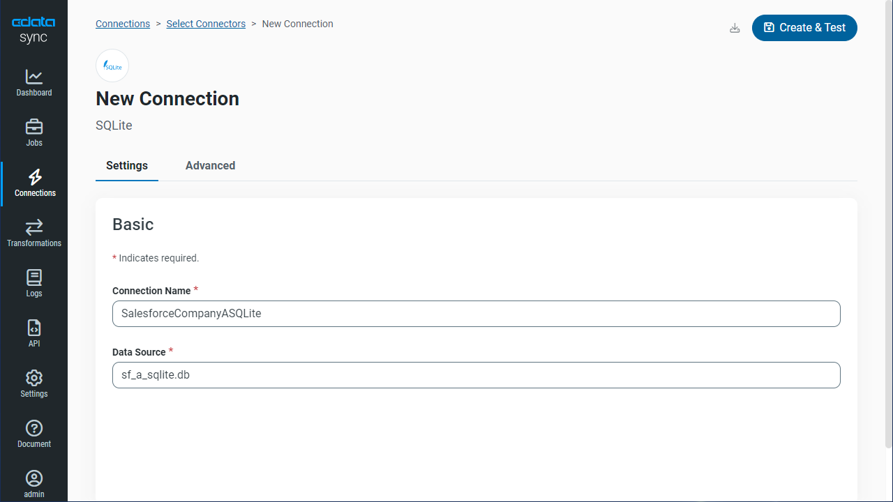 同期先の接続設定 (SQLite is shown)。